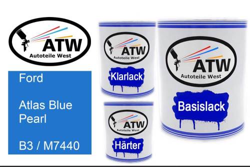 Ford, Atlas Blue Pearl, B3 / M7440: 1L Lackdose + 1L Klarlack + 500ml Härter - Set, von ATW Autoteile West.